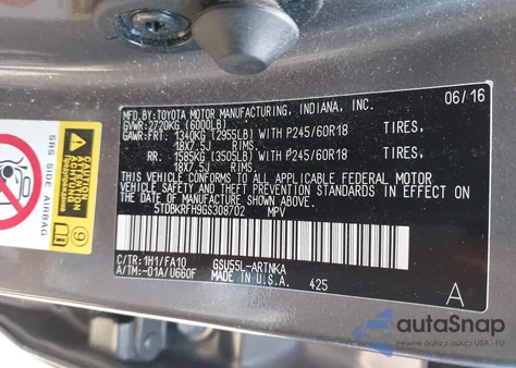 2016 Toyota Highlander Le Plus V6 from USA, damaged, VIN 5TDBKRFH9GS308702